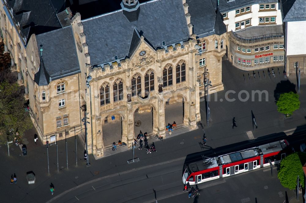 Erfurt from above - Town Hall building of the city administration on Fischmarkt in of Altstadt in Erfurt in the state Thuringia, Germany