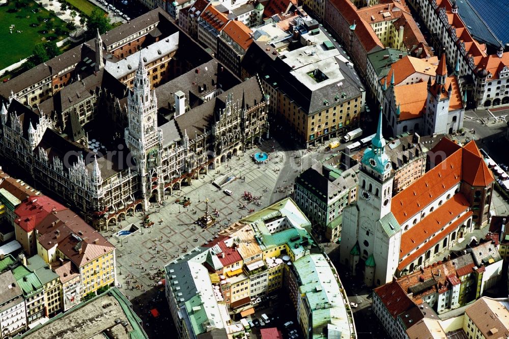 München from above - Building of the city administration - New Town Hall on Marienplatz in Munich in Bavaria