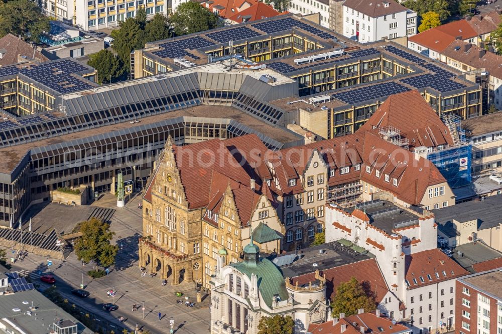 Bielefeld from above - Town Hall building of the city administration Altes Rathaus on street Niederwall in Bielefeld in the state North Rhine-Westphalia, Germany