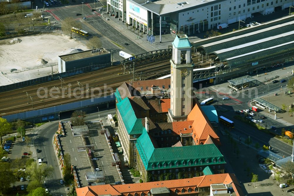 Aerial image Berlin - City hall building of the city administration with tower on Carl-Schurz-Strasse in the Spandau district in Berlin, Germany