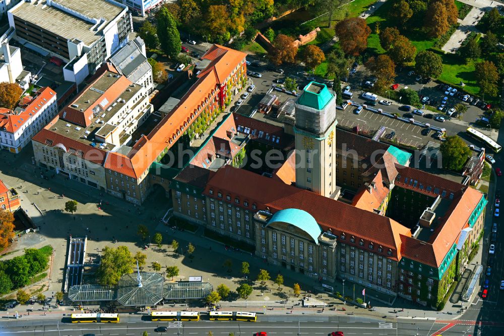 Berlin from the bird's eye view: City hall building of the city administration with tower on Carl-Schurz-Strasse in the Spandau district in the district Spandau in Berlin, Germany