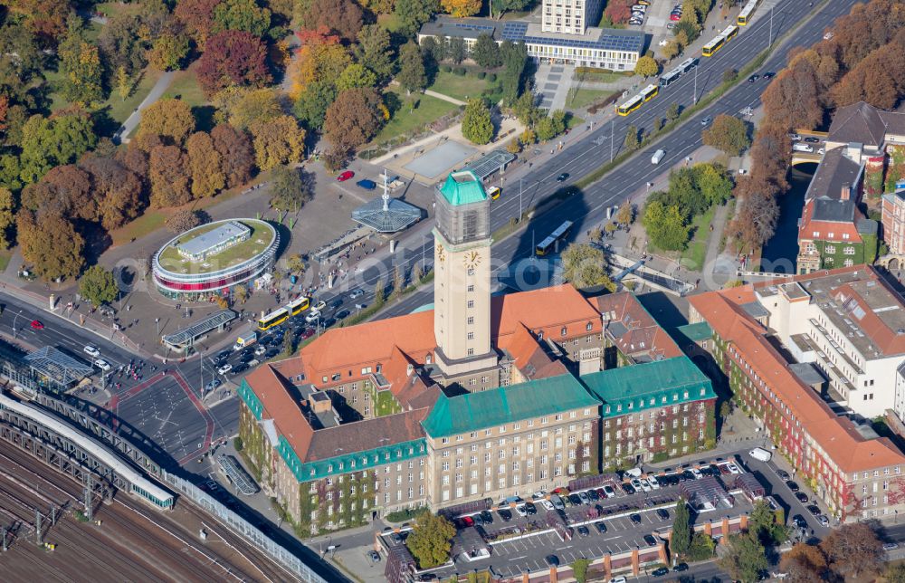 Berlin from above - City hall building of the city administration with tower on Carl-Schurz-Strasse in the Spandau district in the district Spandau in Berlin, Germany