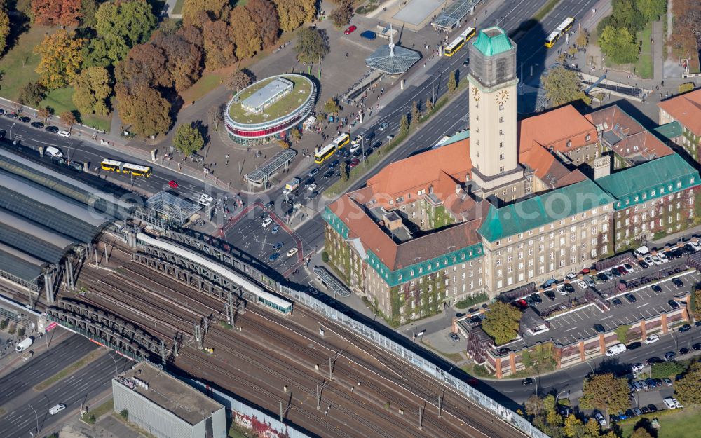 Berlin from the bird's eye view: City hall building of the city administration with tower on Carl-Schurz-Strasse in the Spandau district in the district Spandau in Berlin, Germany