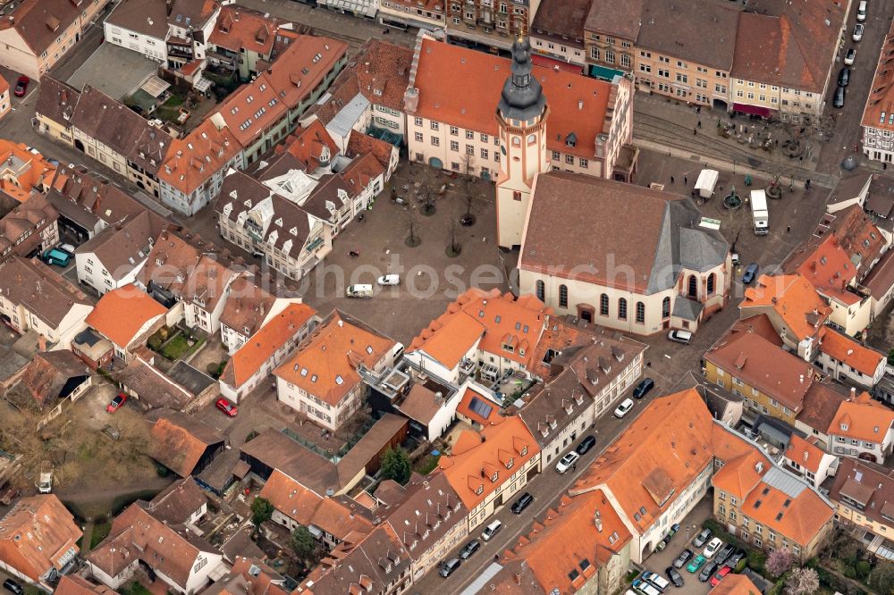 Karlsruhe from above - Rathausplatz and Stadtkirche in Durlach Karlsruhe in the state Baden-Wuerttemberg, Germany