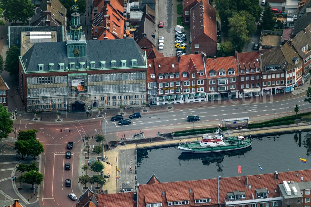 Aerial image Emden - Town Hall building of the city administration - reconstructed historic town hall in Emden in the state Lower Saxony, Germany