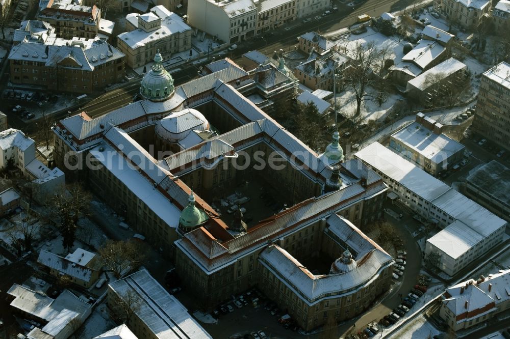 Potsdam from above - Wintry snowy Town Hall building of the city administration on Friedrich-Ebert-Strasse in Potsdam in the state Brandenburg