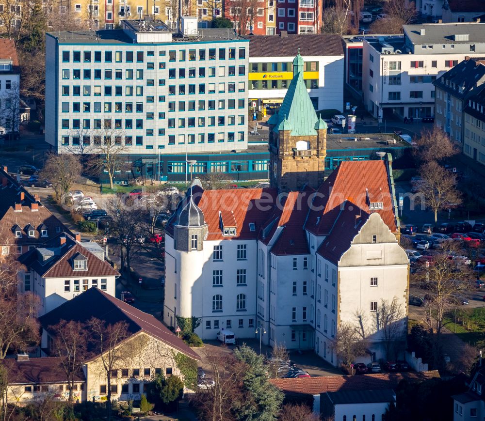 Hattingen from above - Town Hall building of the city administration on place Rathausplatz in Hattingen in the state North Rhine-Westphalia, Germany