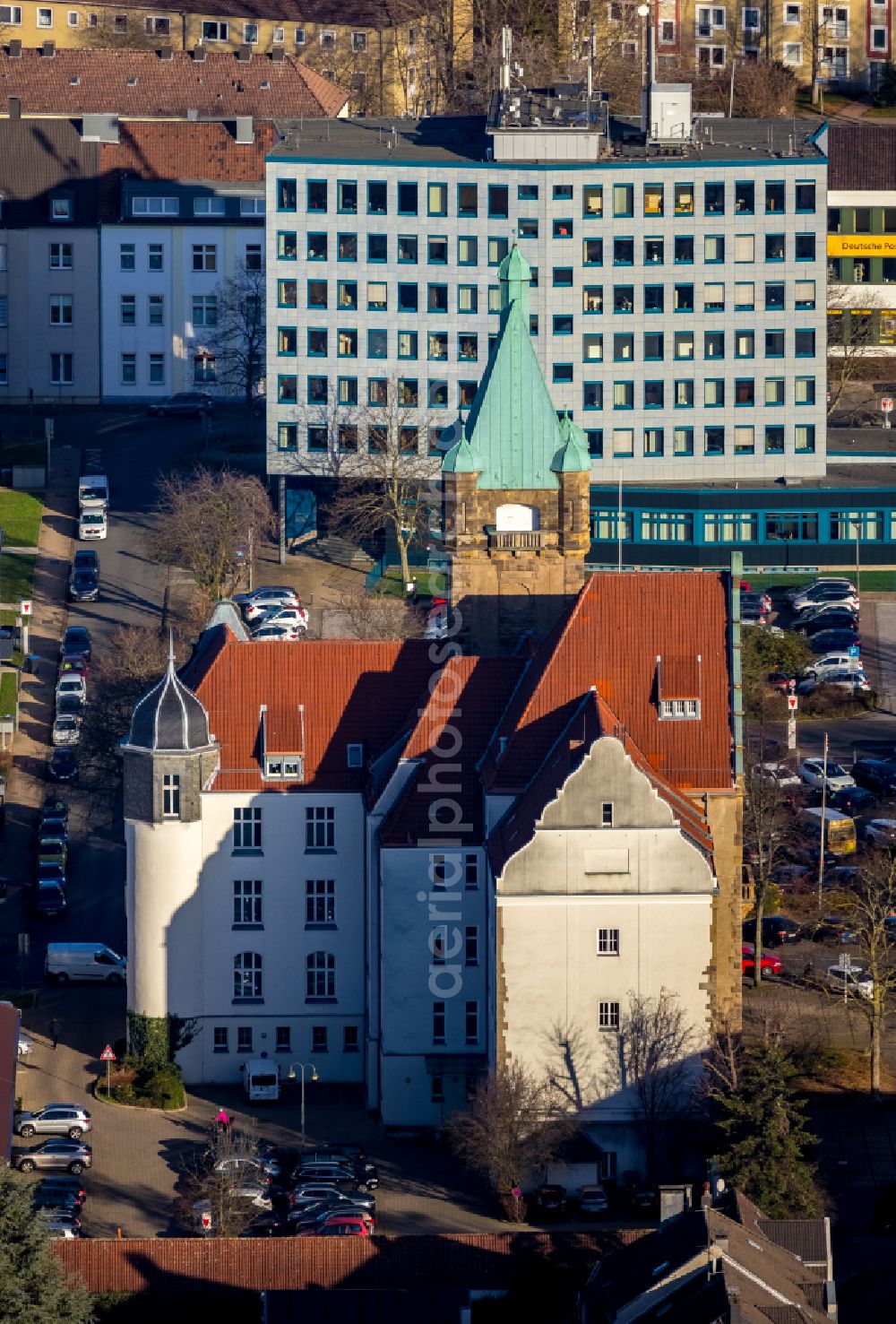 Hattingen from the bird's eye view: Town Hall building of the city administration on place Rathausplatz in Hattingen in the state North Rhine-Westphalia, Germany