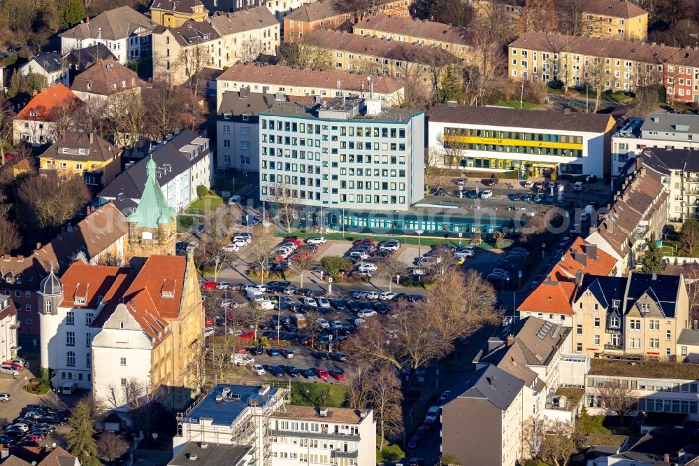 Hattingen from above - Town Hall building of the city administration Hattingen overlooking the building of the government agency Finanzamt Hattingen on Rathausplatz in the district Baak in Hattingen in the state North Rhine-Westphalia, Germany