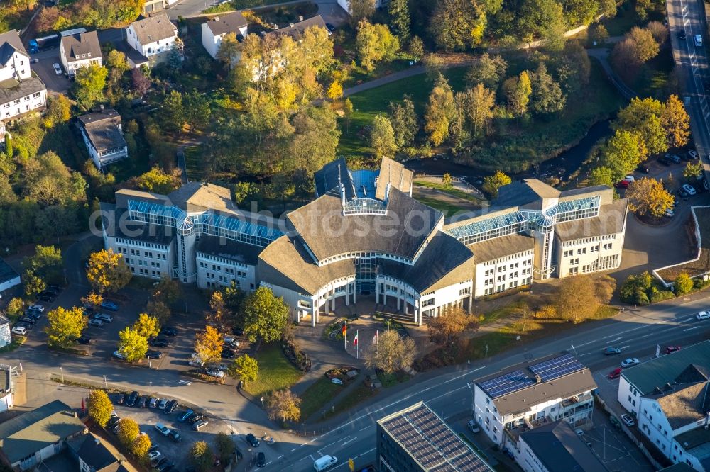 Meschede from above - Town Hall building of the city administration Hochsauerlandkreis in Meschede in the state North Rhine-Westphalia, Germany