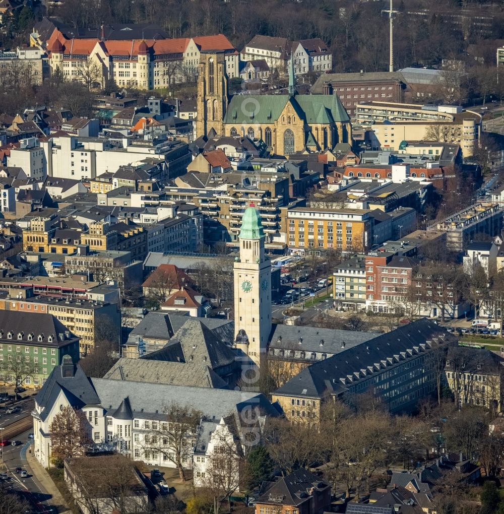 Aerial image Gelsenkirchen - Town Hall building of the city administration and church of Saint Urbanus in the district Buer in Gelsenkirchen at Ruhrgebiet in the state North Rhine-Westphalia