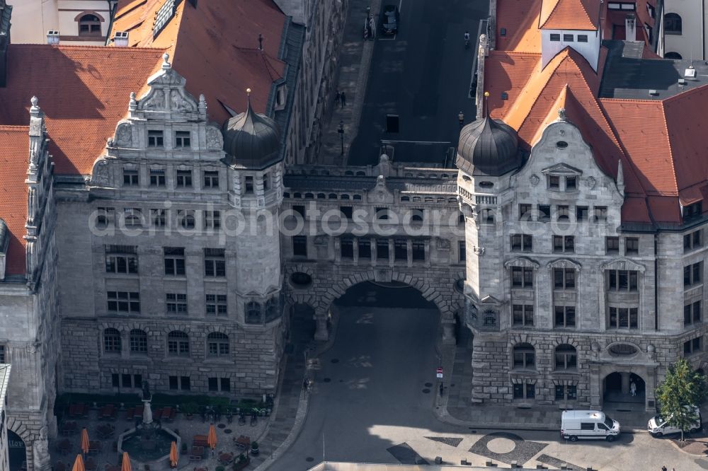 Leipzig from above - Town Hall building of the city administration Leipzig with historic archway and bay towers on Burgplatz in the district Zentrum in Leipzig in the state Saxony, Germany