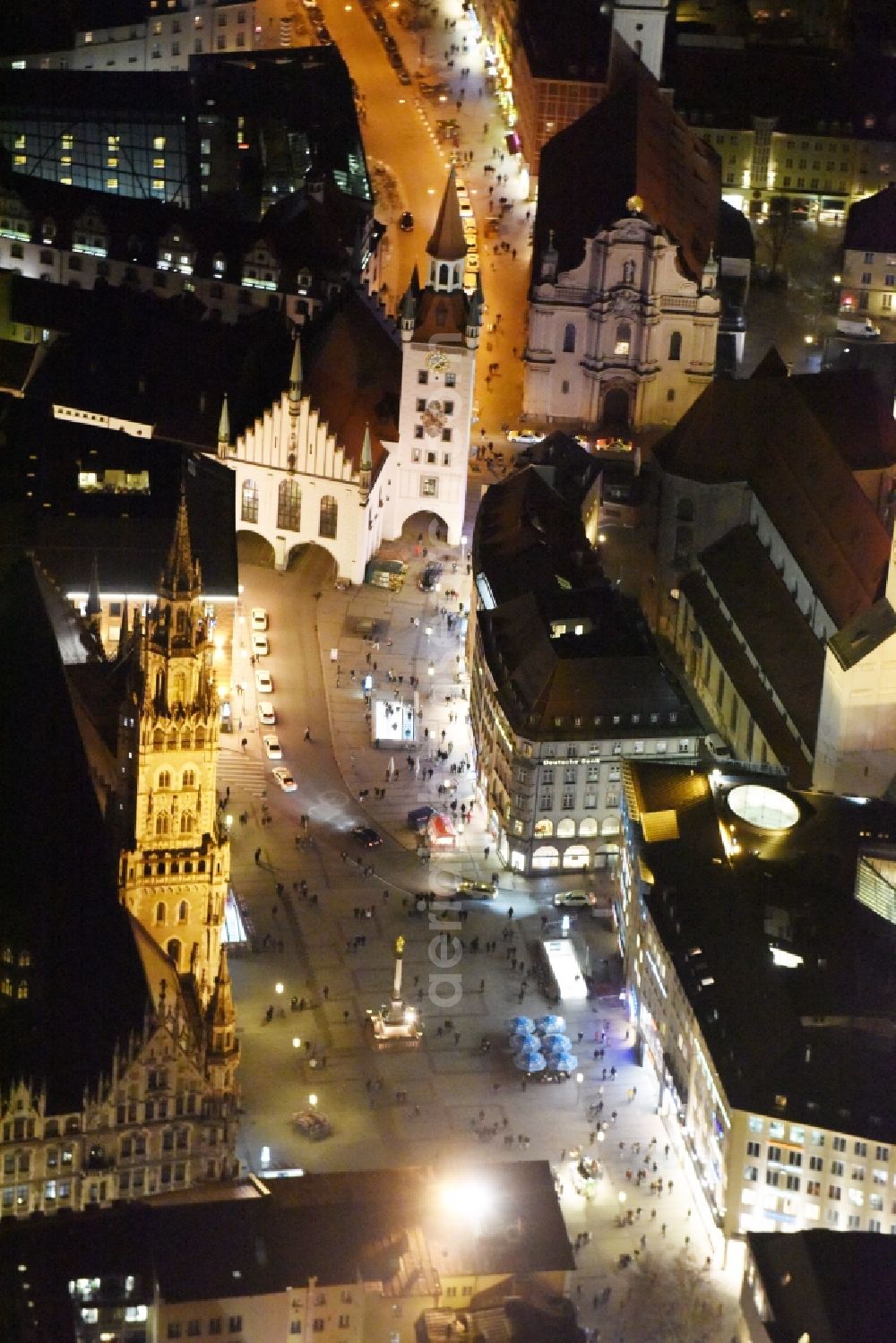 München from above - Night view Town Hall building of the city administration am Marienplatz in Munich in the state Bavaria