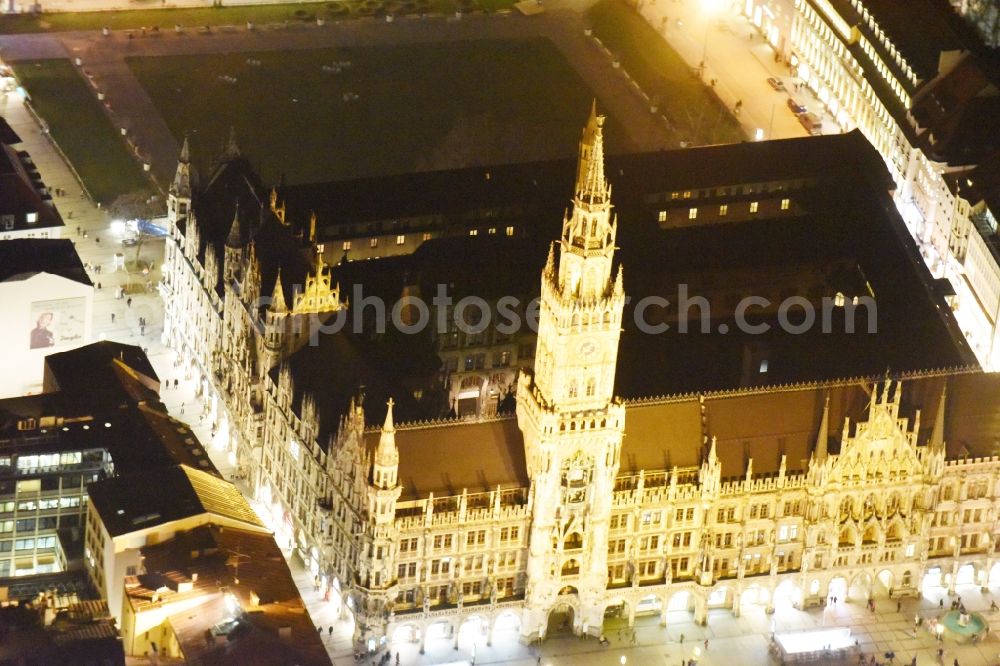 Aerial image München - Night view Town Hall building of the city administration am Marienplatz in Munich in the state Bavaria