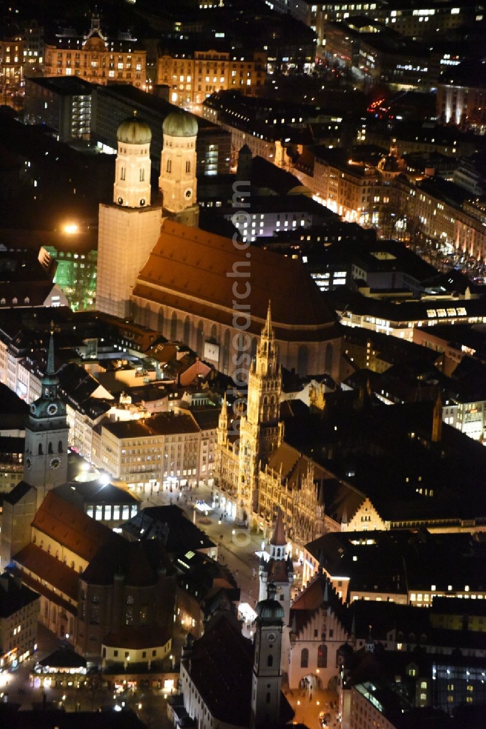 München from above - Night view Town Hall building of the city administration am Marienplatz in Munich in the state Bavaria