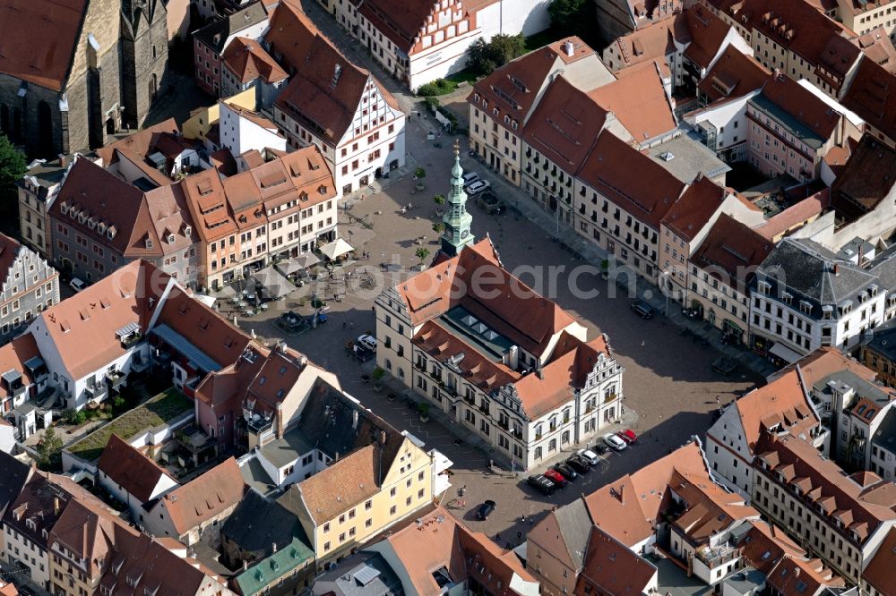 Aerial image Pirna - Town Hall building of the City Council Am Markt in the inner city in Pirna in the state Saxony, Germany