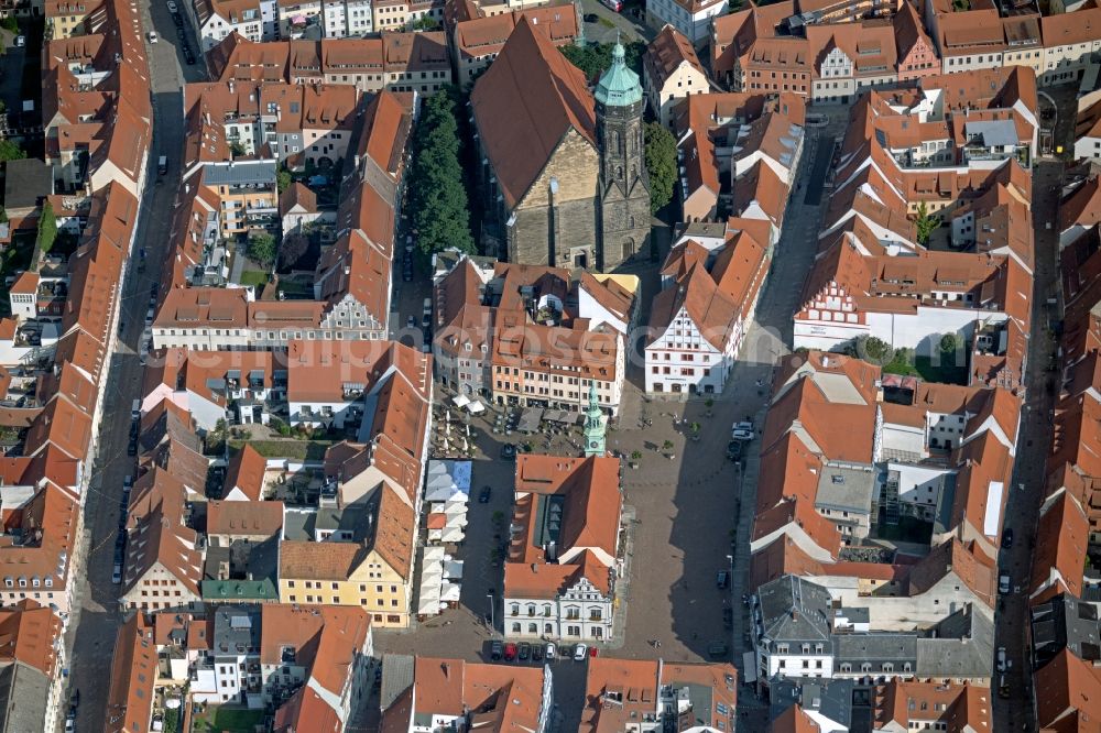 Pirna from above - Town Hall building of the City Council Am Markt in the inner city in Pirna in the state Saxony, Germany