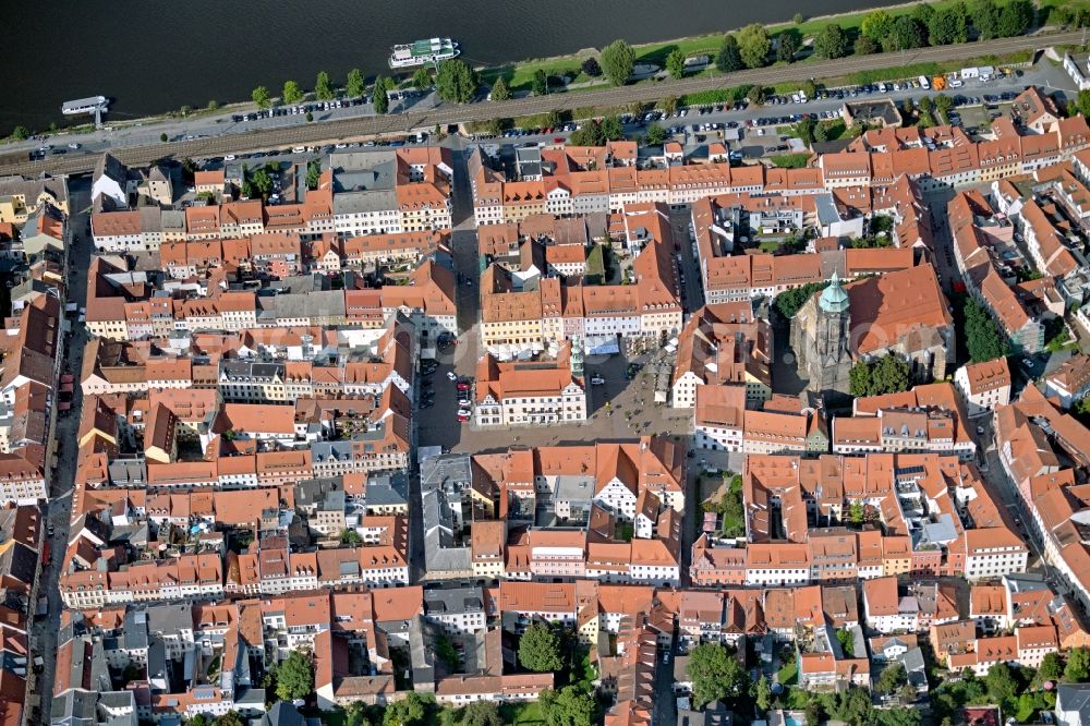 Pirna from above - Town Hall building of the City Council Am Markt in the inner city in Pirna in the state Saxony, Germany