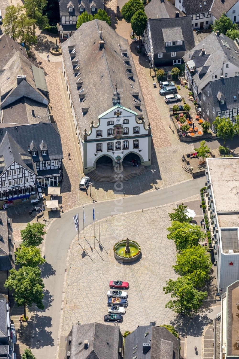 Aerial image Brilon - Town Hall building of the City Council at the market downtown in Brilon in the state North Rhine-Westphalia, Germany