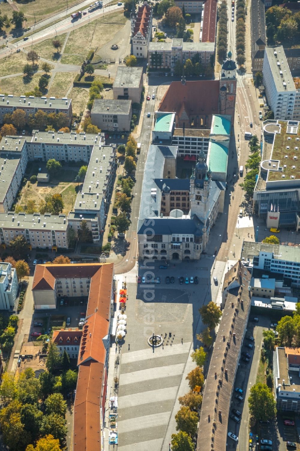 Dessau from above - Town Hall building of the City Council at the market downtown in Dessau in the state Saxony-Anhalt, Germany