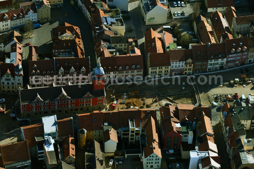 Gotha from above - Town Hall building of the City Council at the market downtown on street Hauptmarkt in Gotha in the state Thuringia, Germany