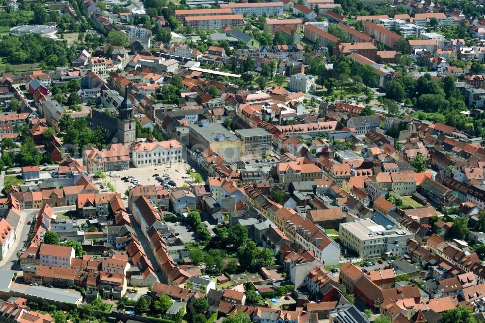 Haldensleben from above - Town Hall building of the City Council at the market downtown in Haldensleben in the state Saxony-Anhalt, Germany