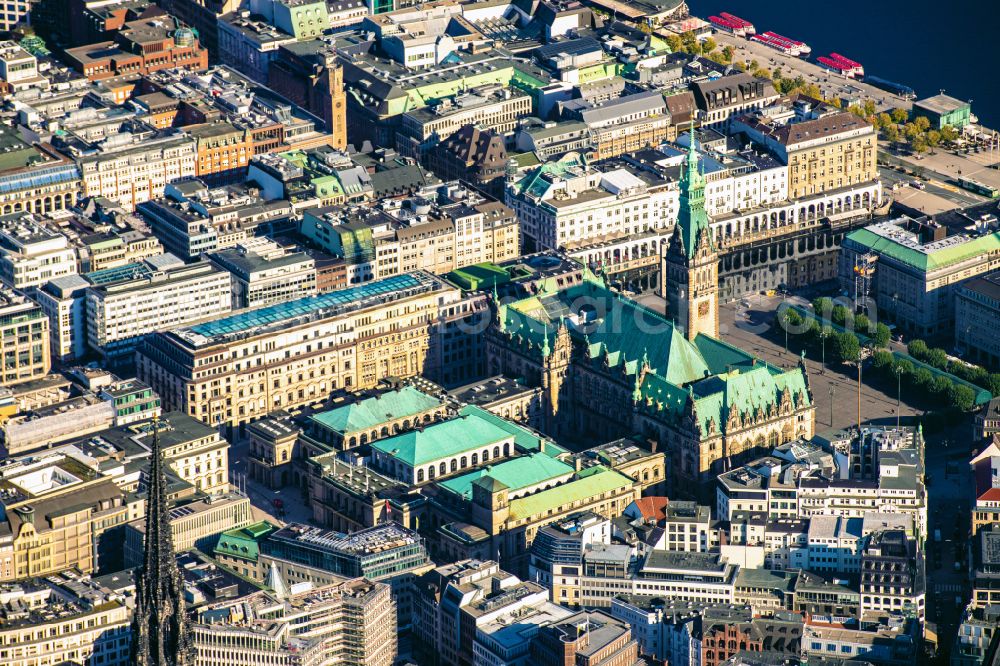 Aerial photograph Hamburg - Town Hall building of the City Council at the market downtown in Hamburg, Germany