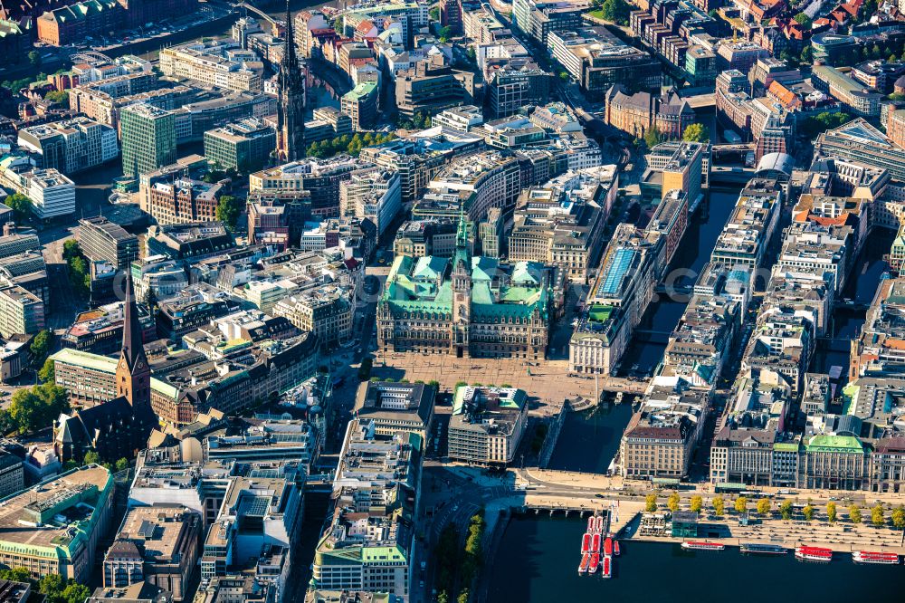 Aerial image Hamburg - Town Hall building of the City Council at the market downtown in Hamburg, Germany