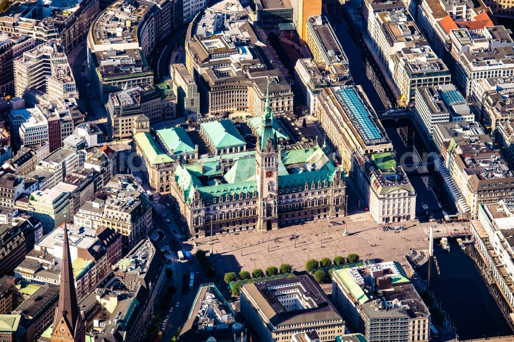 Hamburg from above - Town Hall building of the City Council at the market downtown in Hamburg, Germany