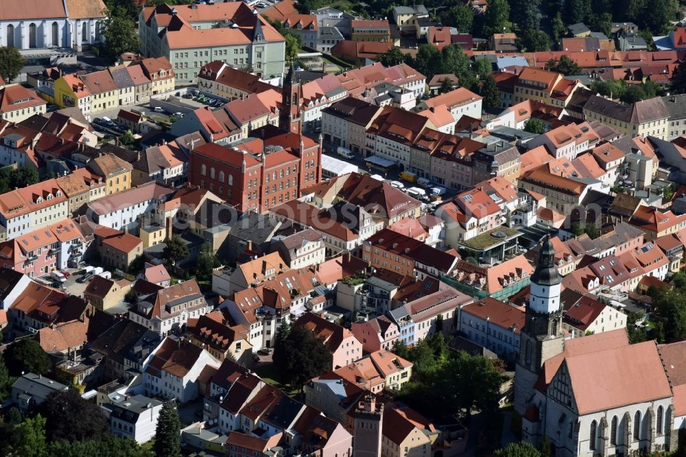 Aerial image Kamenz - Town Hall on the market square in the town center of Kamenz in the state of Saxony