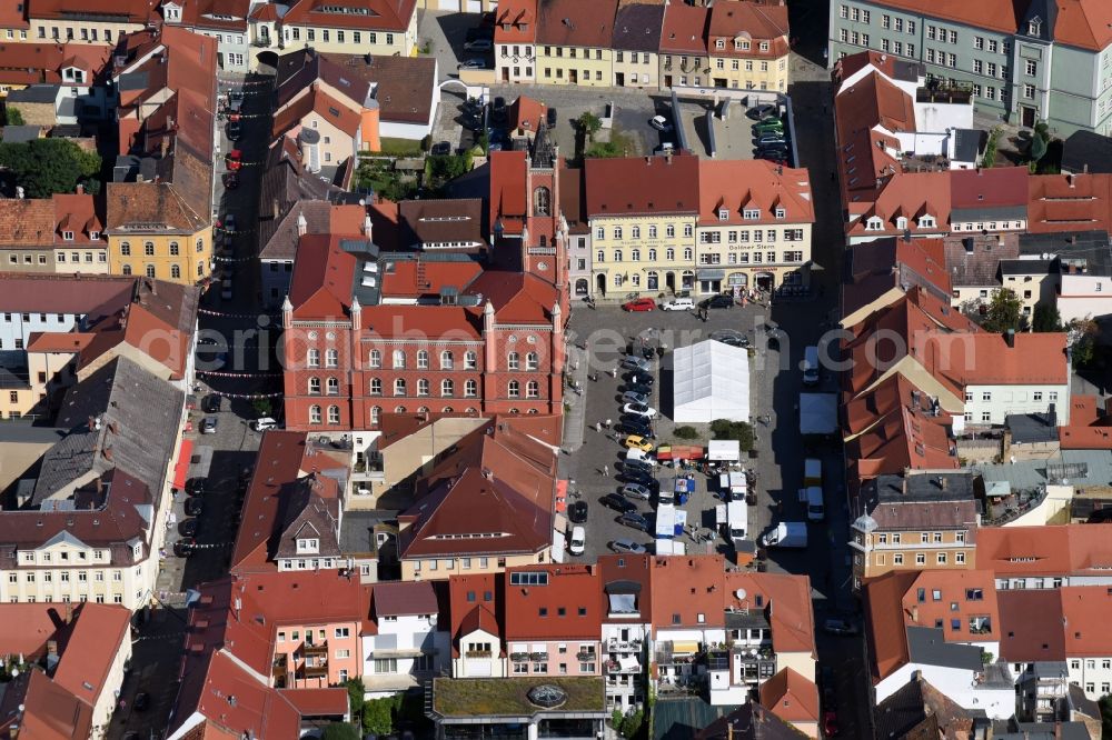 Kamenz from above - Town Hall on the market square in the town center of Kamenz in the state of Saxony