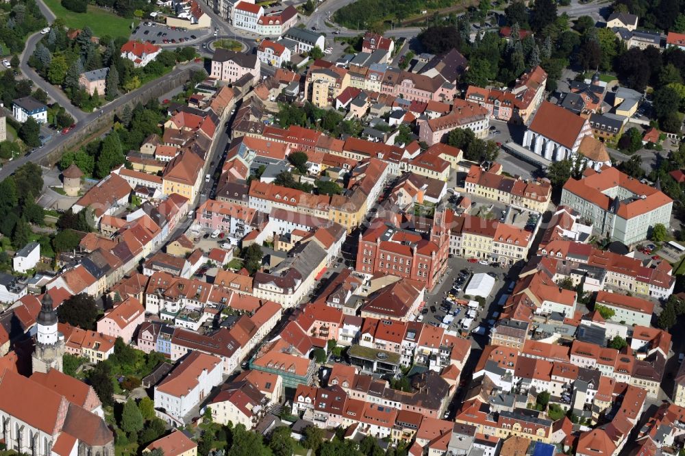 Kamenz from above - Town Hall on the market square in the town center of Kamenz in the state of Saxony