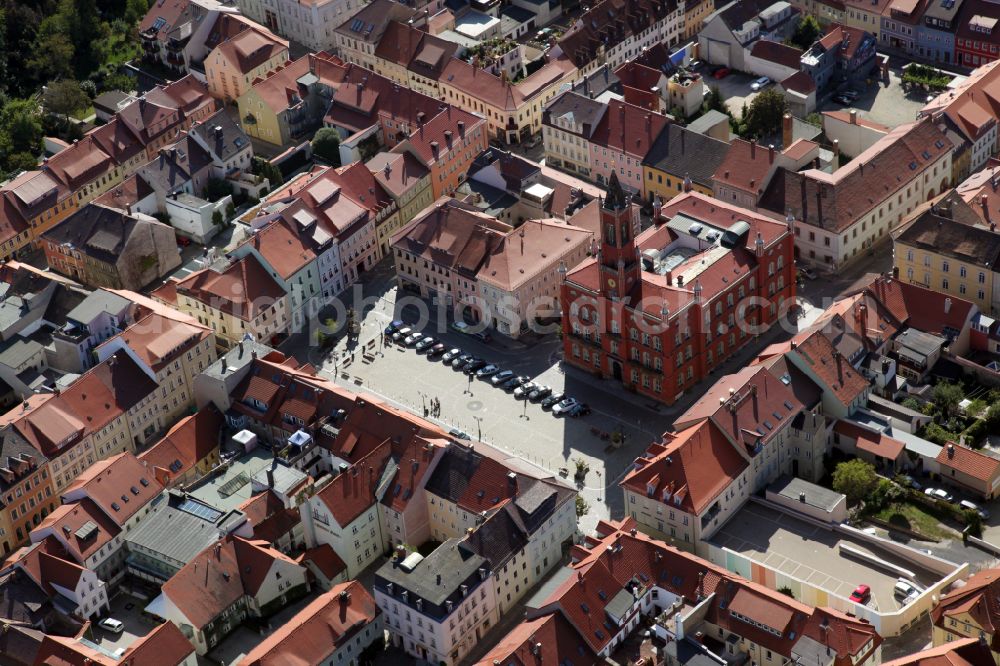 Kamenz from the bird's eye view: Town Hall building of the City Council at the market downtown in Kamenz in the state Saxony, Germany