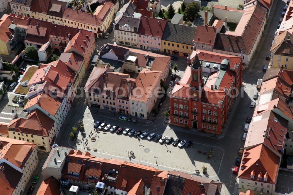 Kamenz from above - Town Hall building of the City Council at the market downtown in Kamenz in the state Saxony, Germany