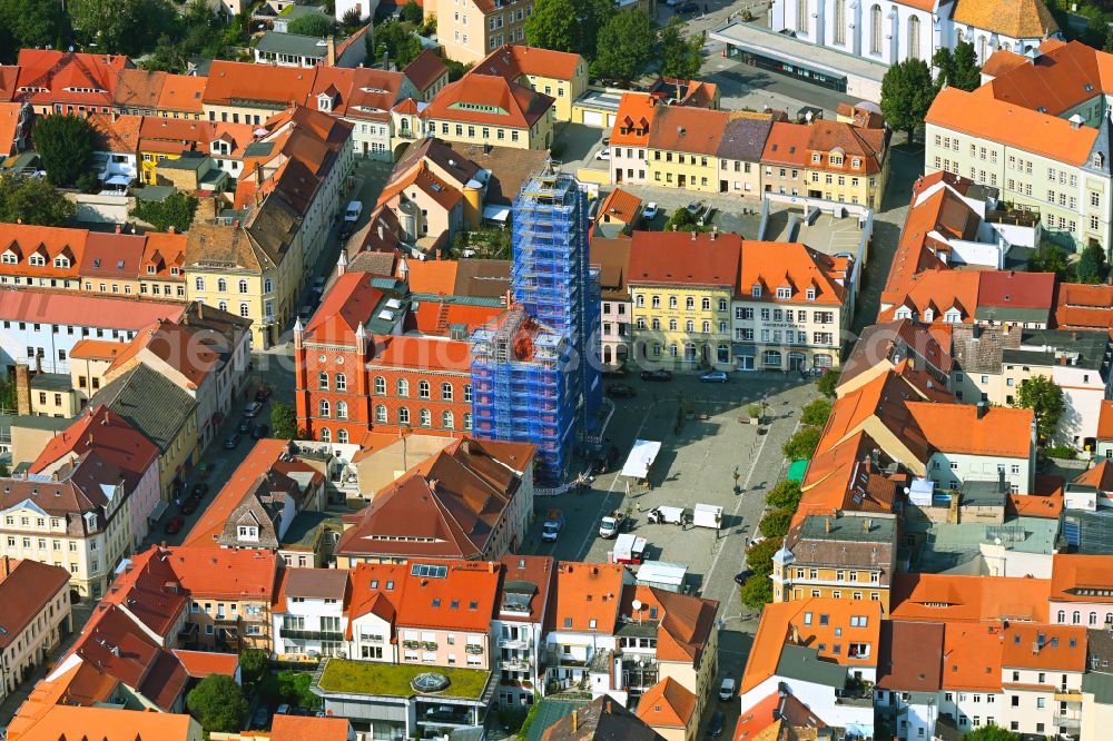 Aerial image Kamenz - Town Hall building of the City Council at the market downtown in Kamenz in the state Saxony, Germany