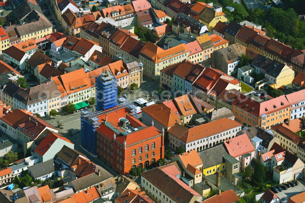 Kamenz from above - Town Hall building of the City Council at the market downtown in Kamenz in the state Saxony, Germany