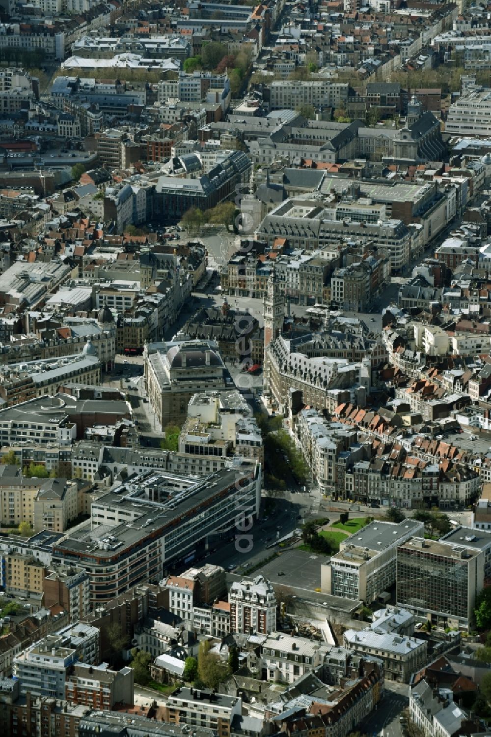 Lille from above - Town Hall building of the City Council at the market Place Charles de Gaulle downtown in Lille in Nord-Pas-de-Calais Picardy, France