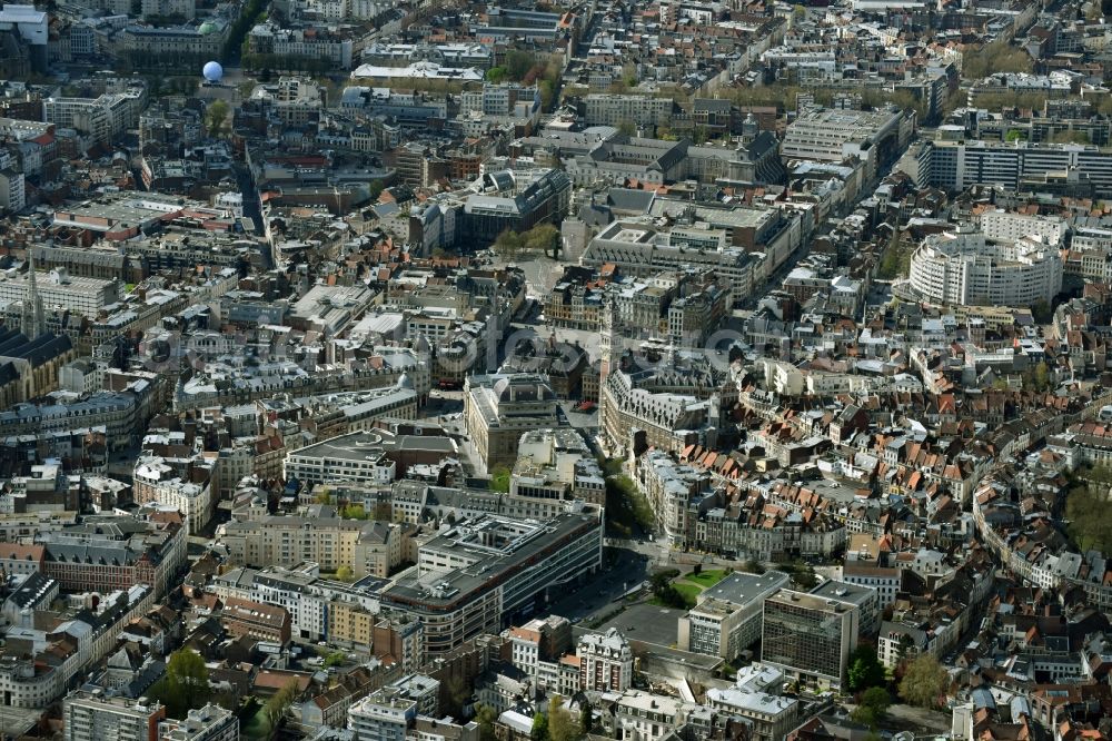 Aerial image Lille - Town Hall building of the City Council at the market Place Charles de Gaulle downtown in Lille in Nord-Pas-de-Calais Picardy, France