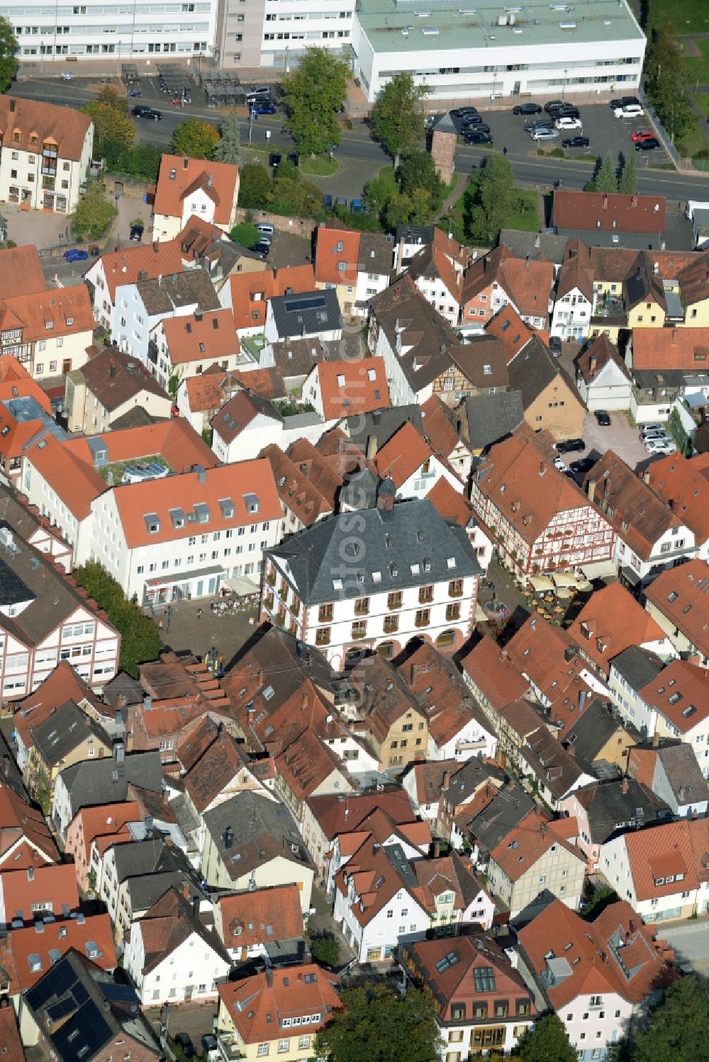 Aerial image Lohr am Main - Town Hall building of the City Council at the market downtown in Lohr am Main in the state Bavaria