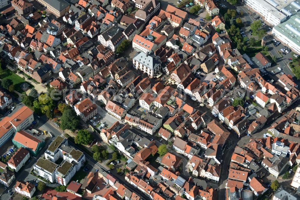 Aerial image Lohr am Main - Town Hall building of the City Council at the market downtown in Lohr am Main in the state Bavaria