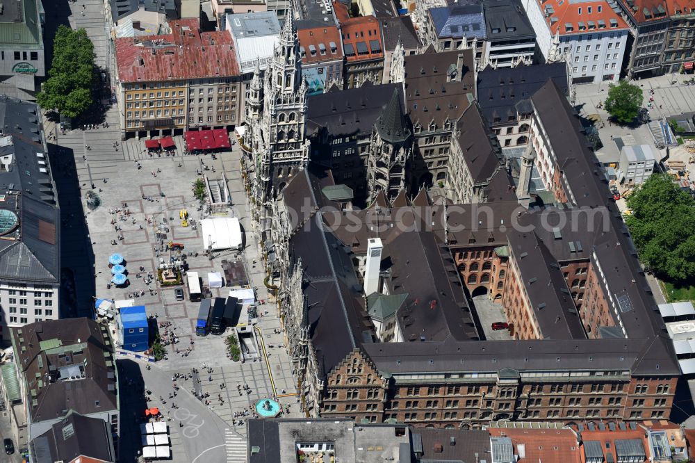 München from above - Town Hall building of the City Council at the market downtown on place Marienplatz in the district Altstadt in Munich in the state Bavaria, Germany