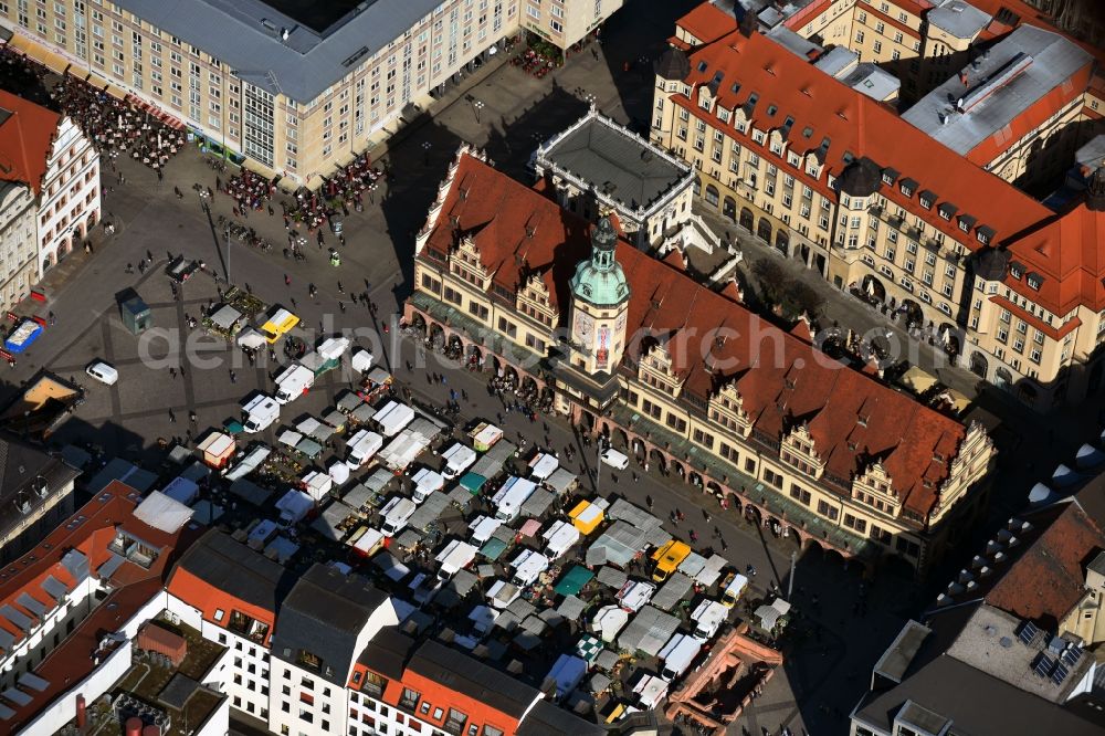 Leipzig from above - Town Hall building of the City Council at the market downtown in the district Mitte in Leipzig in the state Saxony