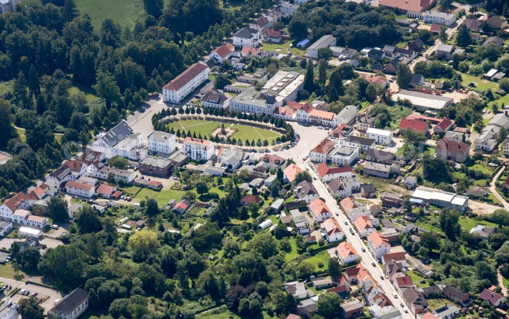 Putbus from above - Town Hall building of the City Council at the market downtown in Putbus in the state Mecklenburg - Western Pomerania, Germany