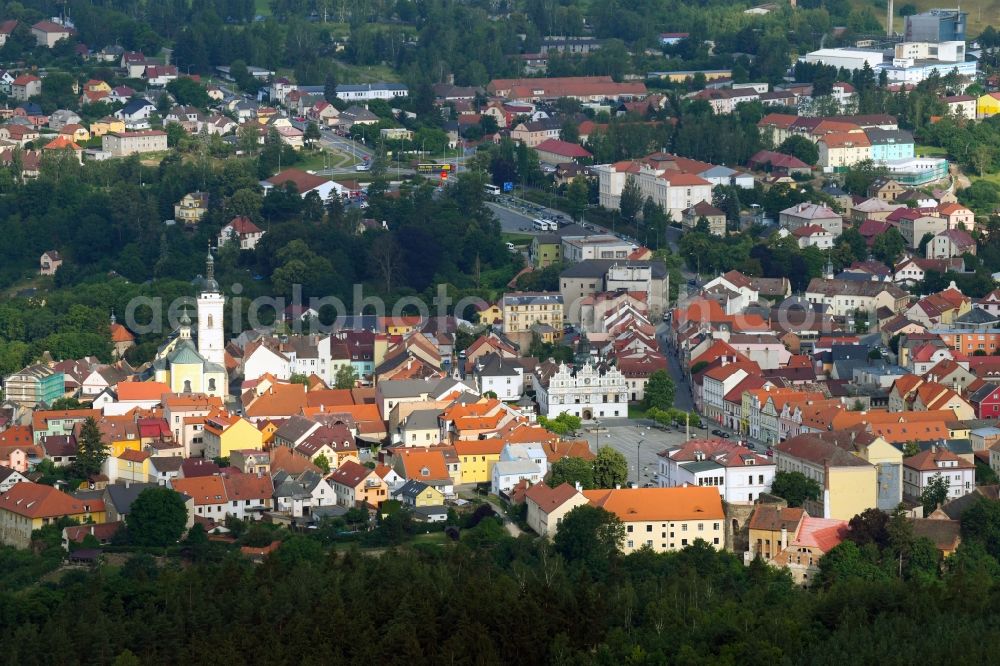 Stribro - Mies from the bird's eye view: Town Hall building of the City Council at the market downtown in Stribro - Mies in Plzensky kraj - Pilsner Region - Boehmen, Czech Republic