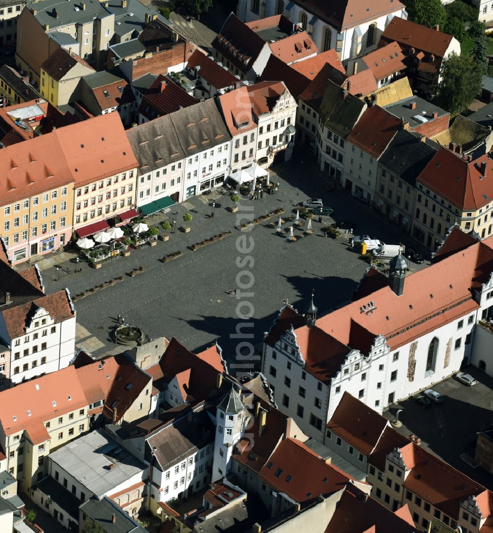 Torgau from above - Town Hall building of the City Council at the market downtown in Torgau in the state Saxony