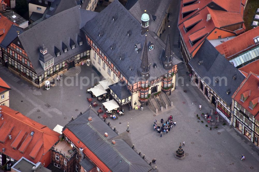 Aerial photograph Wernigerode - Town Hall building of the City Council at the market downtown in Wernigerode in the state Saxony-Anhalt, Germany