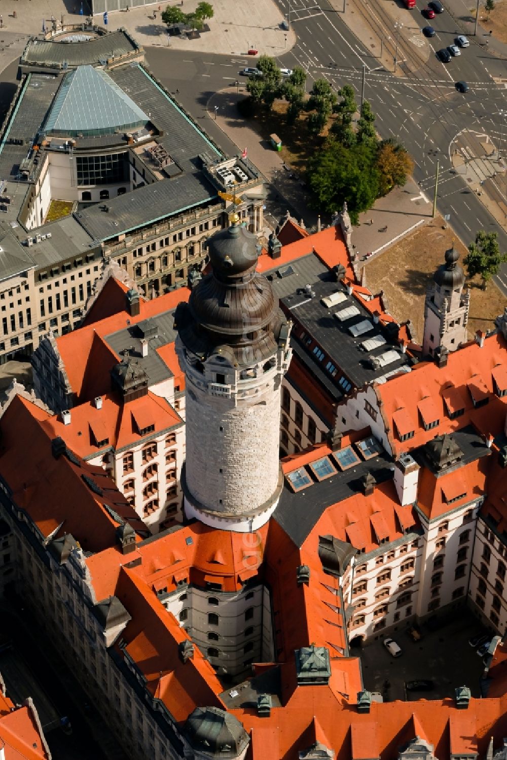 Leipzig from above - Town Hall building of the city administration on Martin-Luther-Ring in Leipzig in the state Saxony