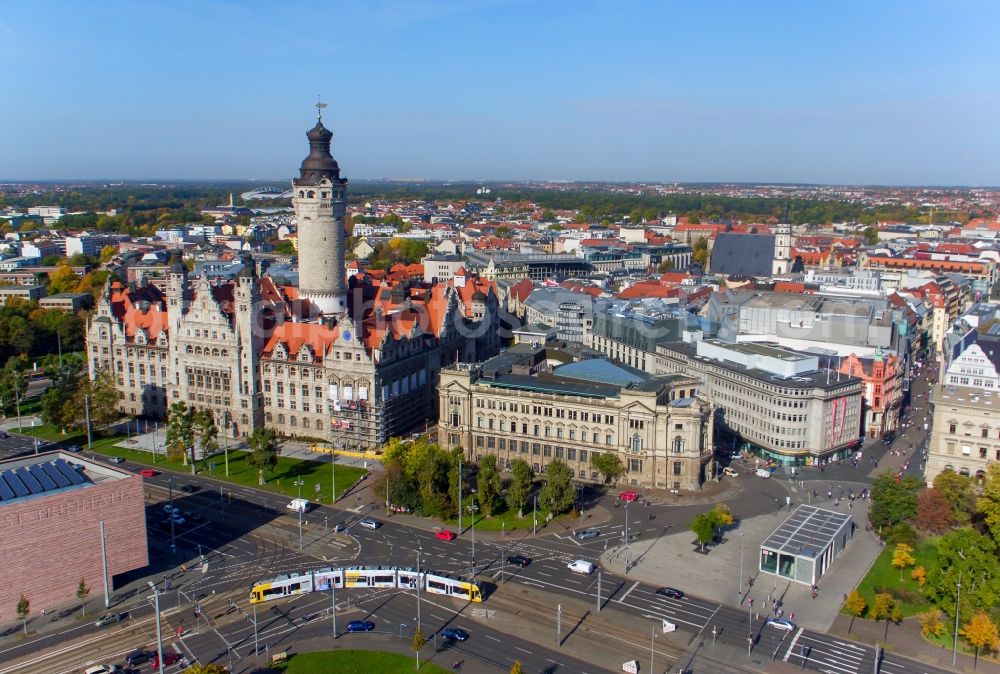 Leipzig from above - Town Hall building of the city administration on Martin-Luther-Ring in Leipzig in the state Saxony