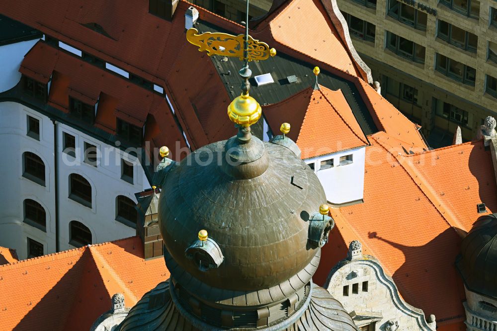 Leipzig from above - Tower cupola on the building of the town hall of the city administration on Martin-Luther-Ring in the district Zentrum in Leipzig in the federal state of Saxony