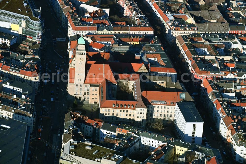 Berlin from the bird's eye view: Town Hall building of the city administration Rathaus Neukoelln on Karl-Marx-Strasse in the district Neukoelln in Berlin, Germany